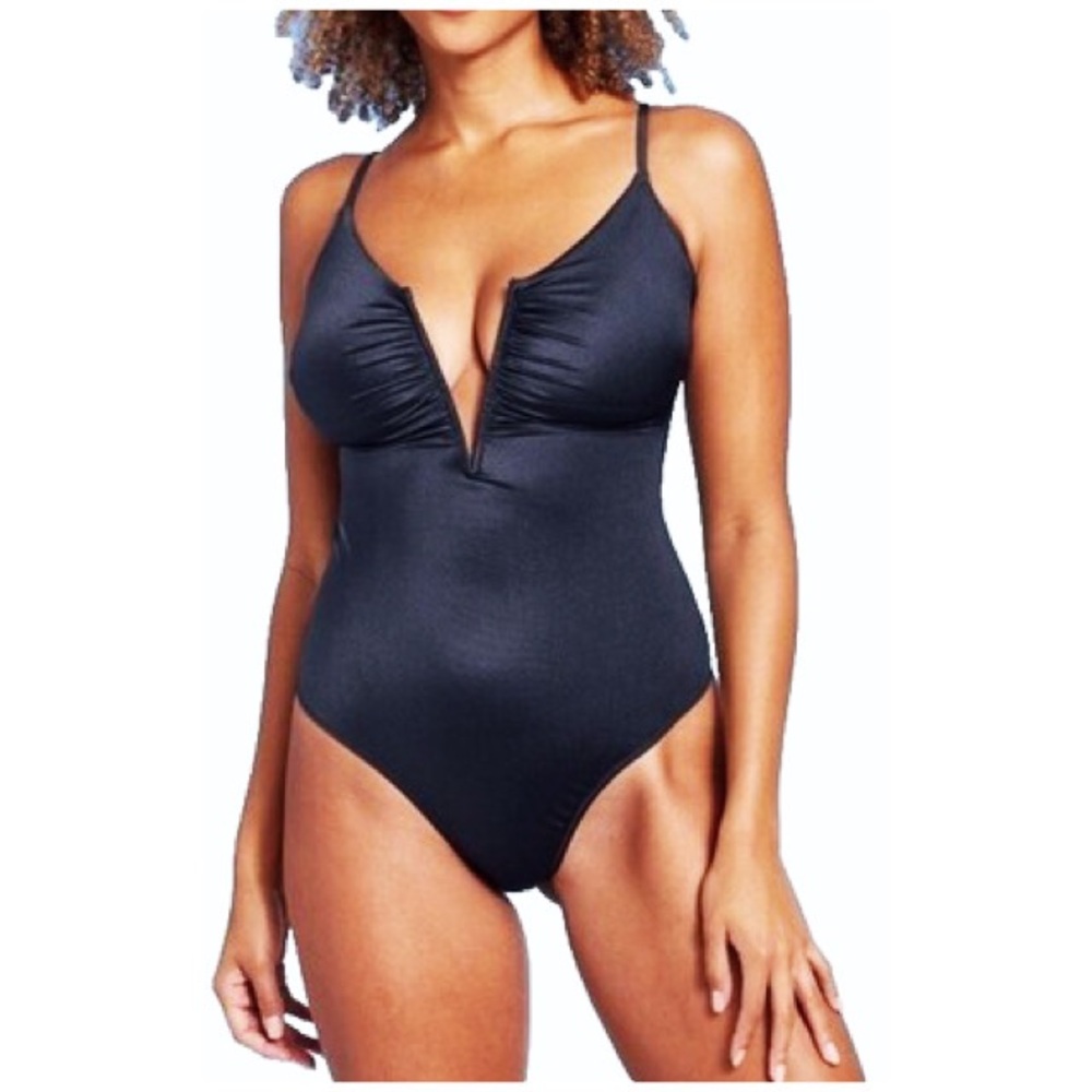 NWT Shade & Shore size M : black plunge full coverage tummy control bow swimsuit